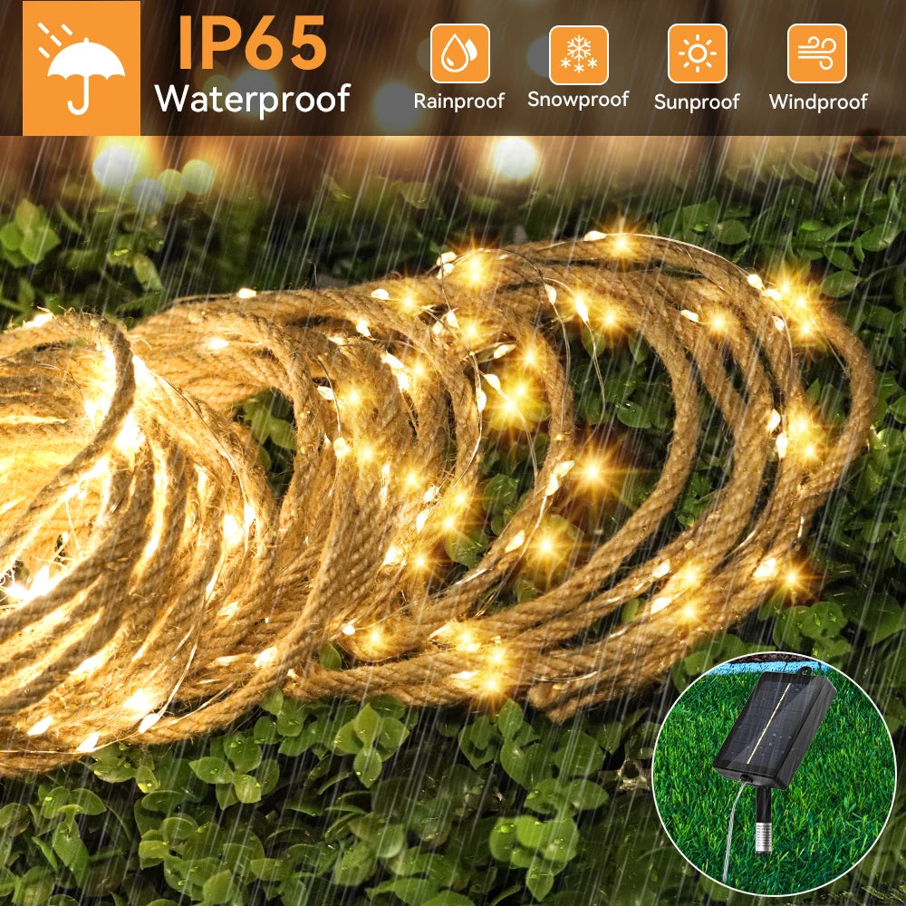 Solar String Lights | 5m Hemp Rope Design | 100-200 LED Bulbs | IP65 Rated