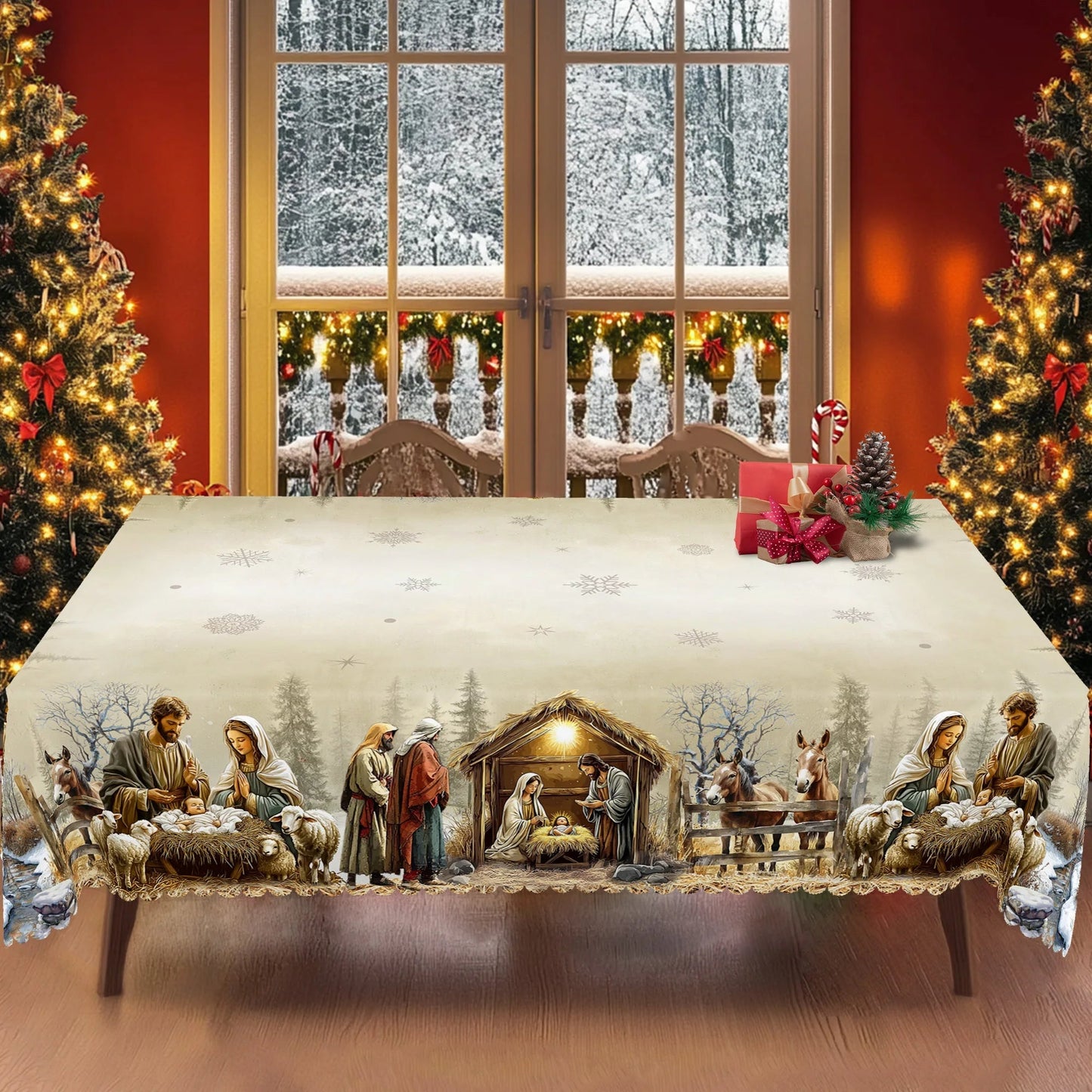 Christmas Tablecloth with Nativity Scene | Round and Rectangular | Easy Care and Wipeable Indoor/Outdoor Decoration