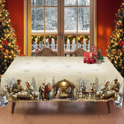 Christmas Tablecloth with Nativity Scene | Round and Rectangular | Easy Care and Wipeable Indoor/Outdoor Decoration