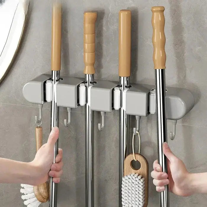 Smart Wall Organizer for Brooms & Mops | 4 Grip Clips + 5 Hooks | No-Drill Adhesive Mount