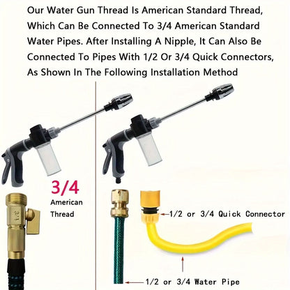 High-Pressure Garden Hose Nozzle with Foam Cannon and Extended Handle
