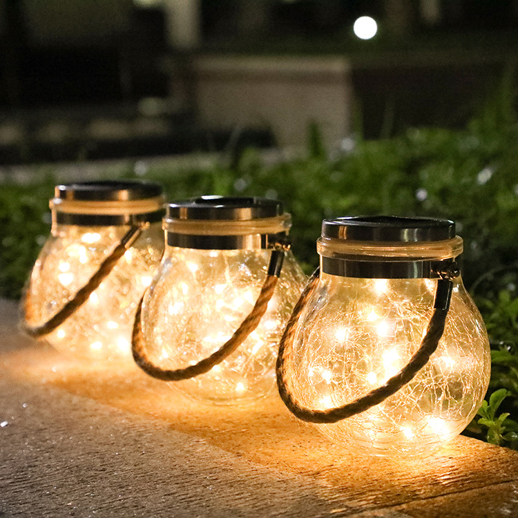 Glass Solar LED Lantern – Decorative Garden Light with Wire Lights and Handle