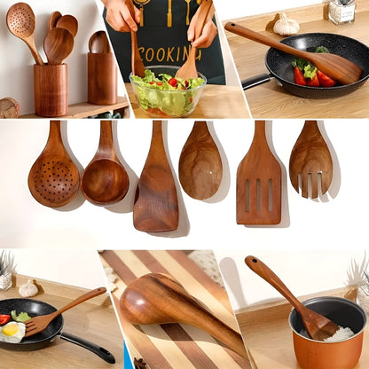 7-Piece Kitchen Utensil Set in Wood for Cooking and Pans