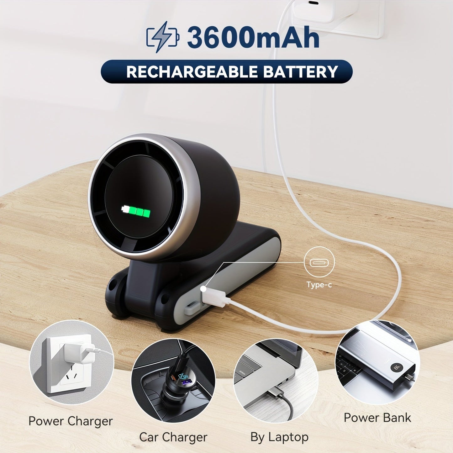 Battery-Powered Handheld Fan with LED Light - 5-Speed 12-Hour Cooling