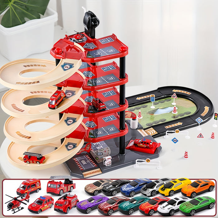 Multi-Level Fire Station Playset with Fire Truck and Traffic Signs for Kids
