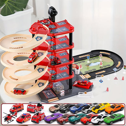 Multi-Level Fire Station Playset with Fire Truck and Traffic Signs for Kids