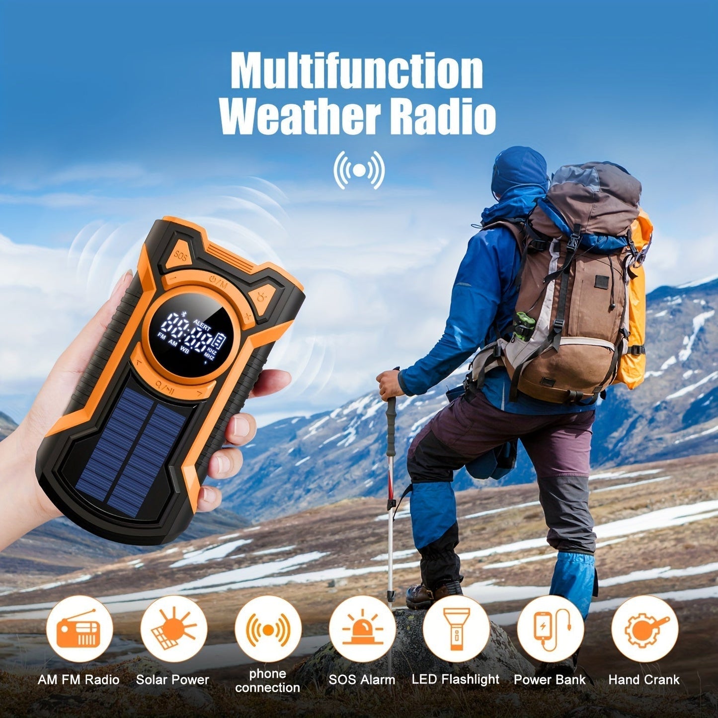 Emergency Radio with Solar & Hand Crank | 5000mAh Power Bank | LED Light & SOS Alert