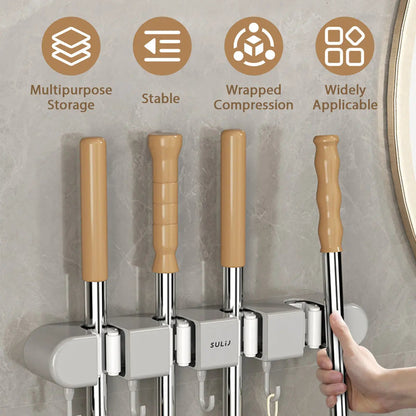 Smart Wall Organizer for Brooms & Mops | 4 Grip Clips + 5 Hooks | No-Drill Adhesive Mount