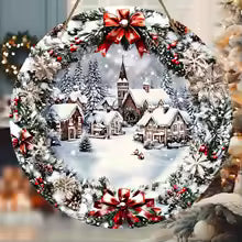 Wooden Christmas Sign with Relief Design - Winter Village and Snowy Scene - Wall and Door Decor