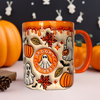 Coffee Mug Featuring Ghost Design and Pumpkin Motif
