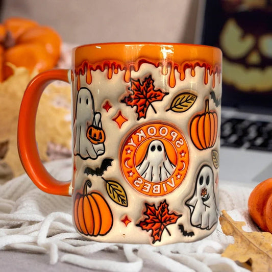 Coffee Mug Featuring Ghost Design and Pumpkin Motif