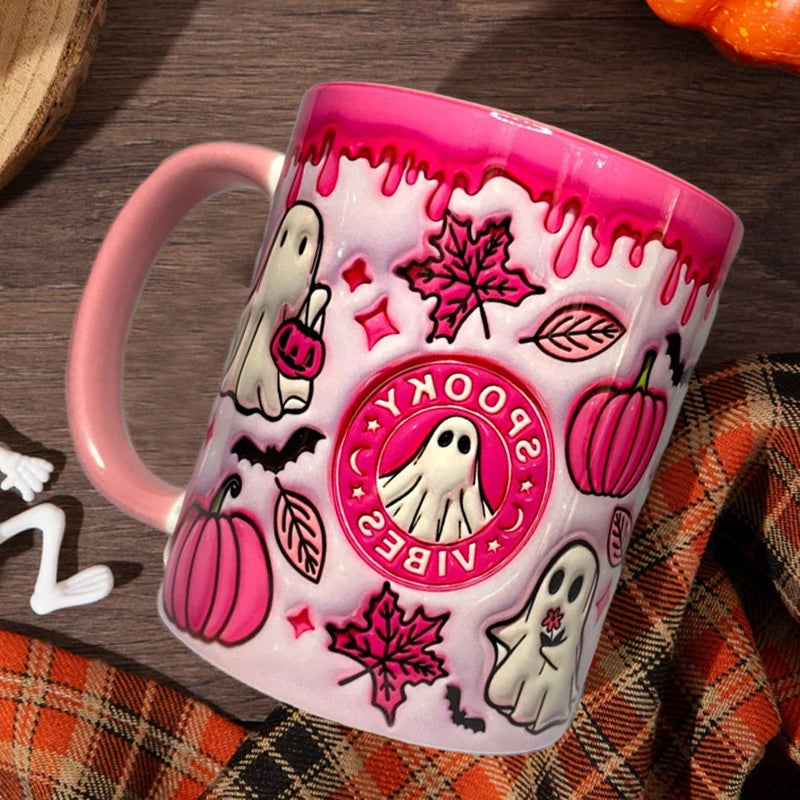 Coffee Mug Featuring Ghost Design and Pumpkin Motif