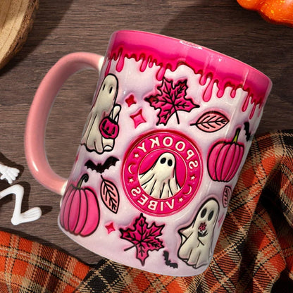 Coffee Mug Featuring Ghost Design and Pumpkin Motif