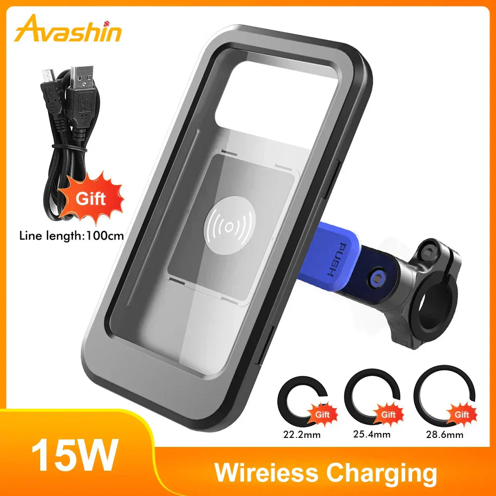 Waterproof Phone Mount with USB and 15W Wireless Charger for Bicycles