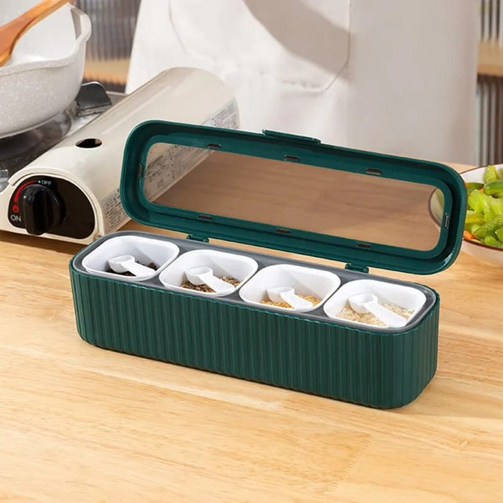 Stylish 4-Compartment Spice Organizer with Spoon