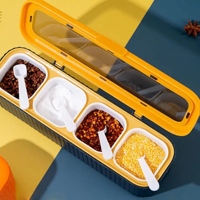 Stylish 4-Compartment Spice Organizer with Spoon