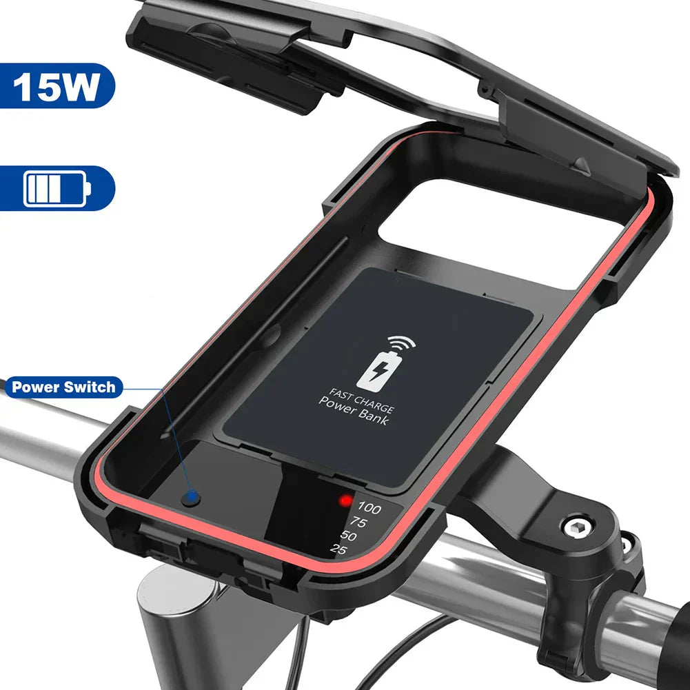 Waterproof Phone Mount with USB and 15W Wireless Charger for Bicycles