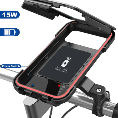 Waterproof Phone Mount with USB and 15W Wireless Charger for Bicycles