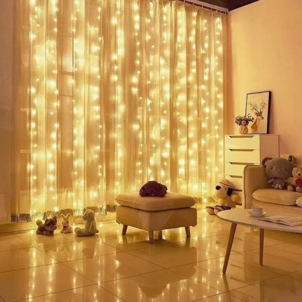 Warm White LED Fairy Curtain Lights with 8 Dynamic Modes for Relaxation