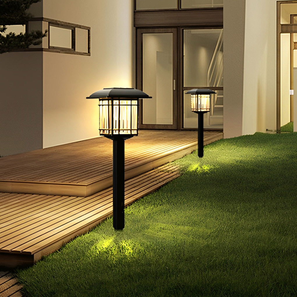 Set of 2 Black Waterproof LED Solar Lawn Lights in Vintage Square Design