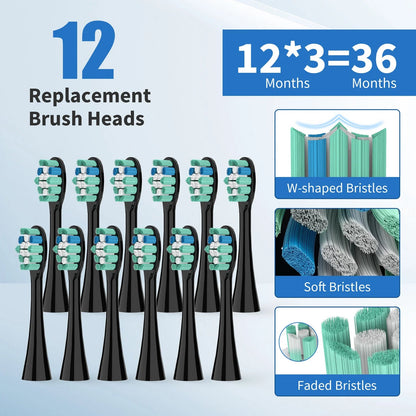 Deep Clean Sonic Toothbrush with 37,200 Vibrations/min | 5 Modes, 12 Heads, 30-Day Battery, Travel-Friendly Design