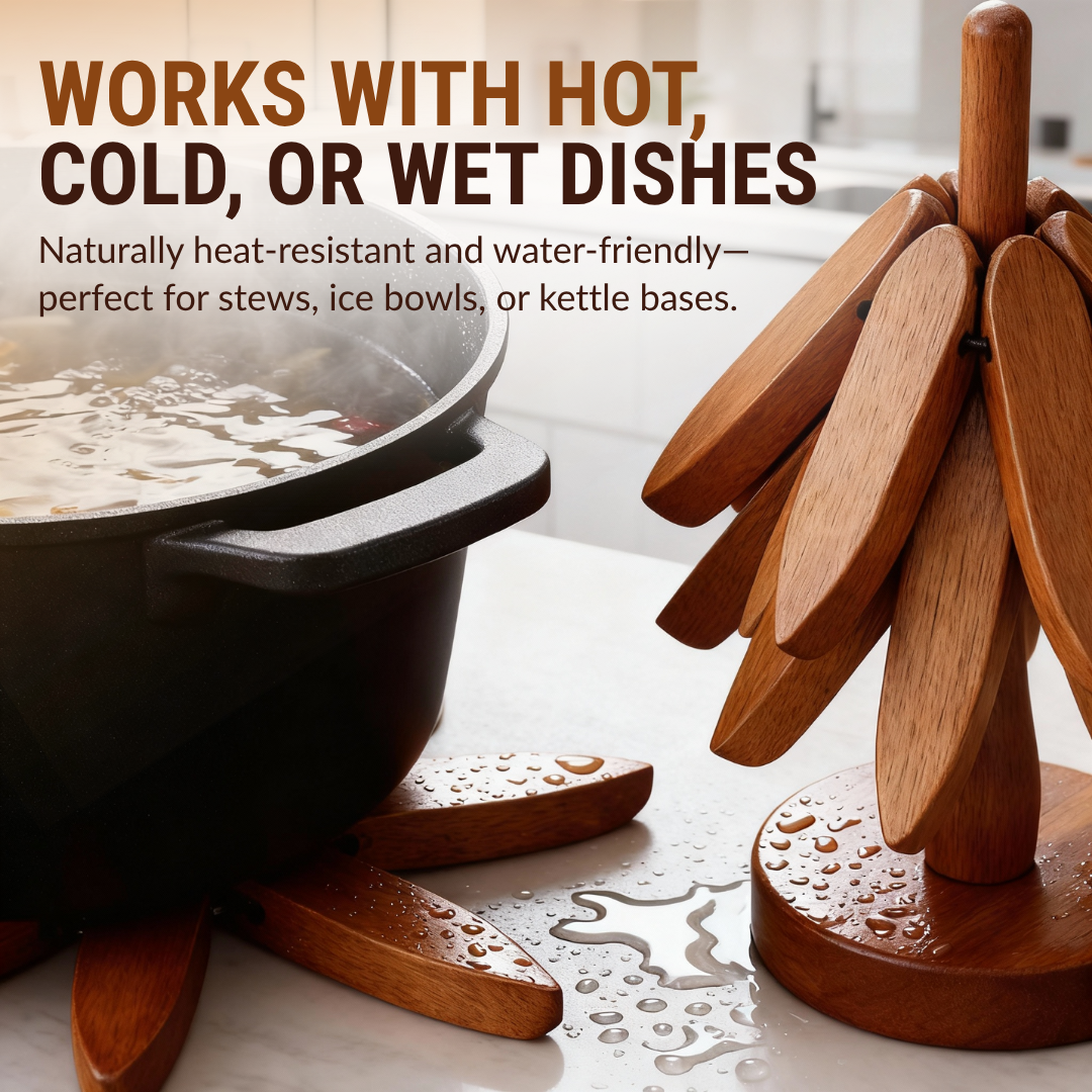 Natural Wood Coaster Set with Holder | 3 Heat-Resistant Trivet Coasters