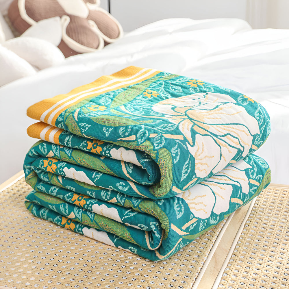 Serenity Green Floral Cotton Throw Blanket