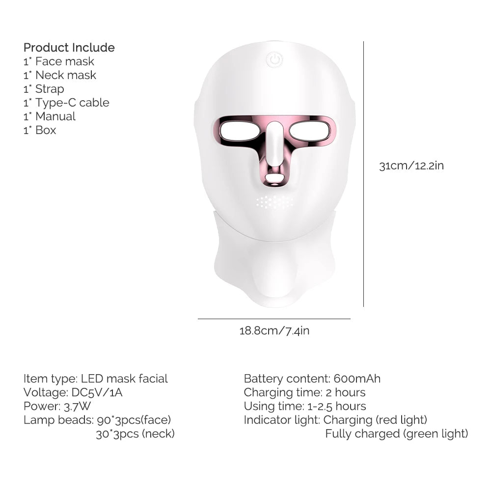 Wireless LED Facial Mask with Neck Light Therapy – 7 Colors, 120 LEDs for Acne and Wrinkle Treatment