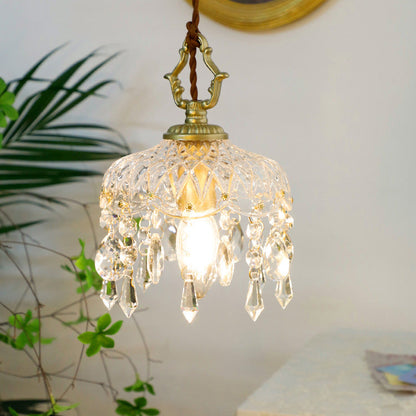 Floral Pendant Light with Vintage Copper and Crystal Accents