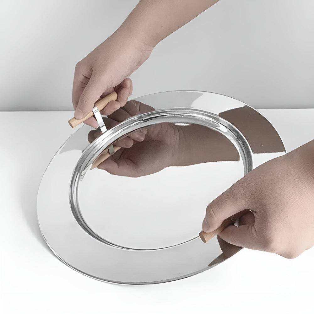 Stylish Round Serving Tray with Wooden Grip Handles