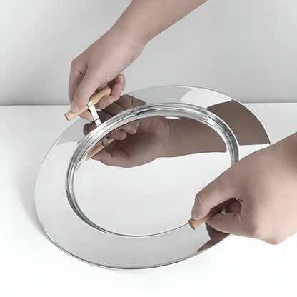 Stylish Round Serving Tray with Wooden Grip Handles