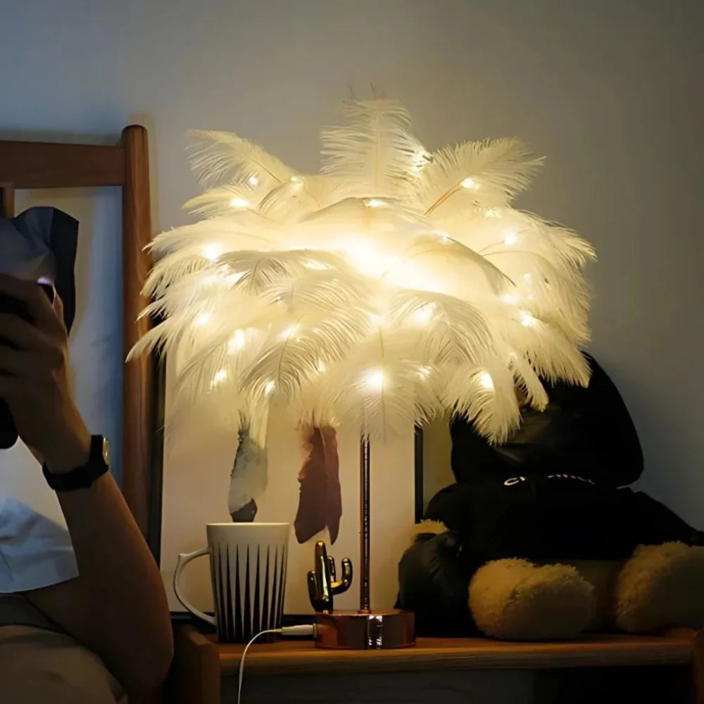 Remote-Controlled LED Nightstand Lamp with Feather Palm Design