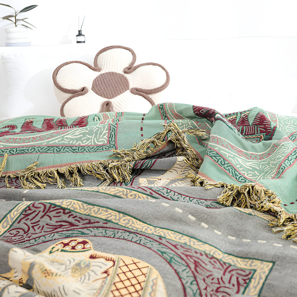 Charming Cotton Throw with Elephant Design and Tassels