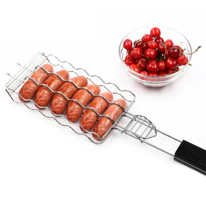 Stainless Steel BBQ Basket for 6 Hot Dogs with Wooden Handle | 55.5 cm Grill Accessory