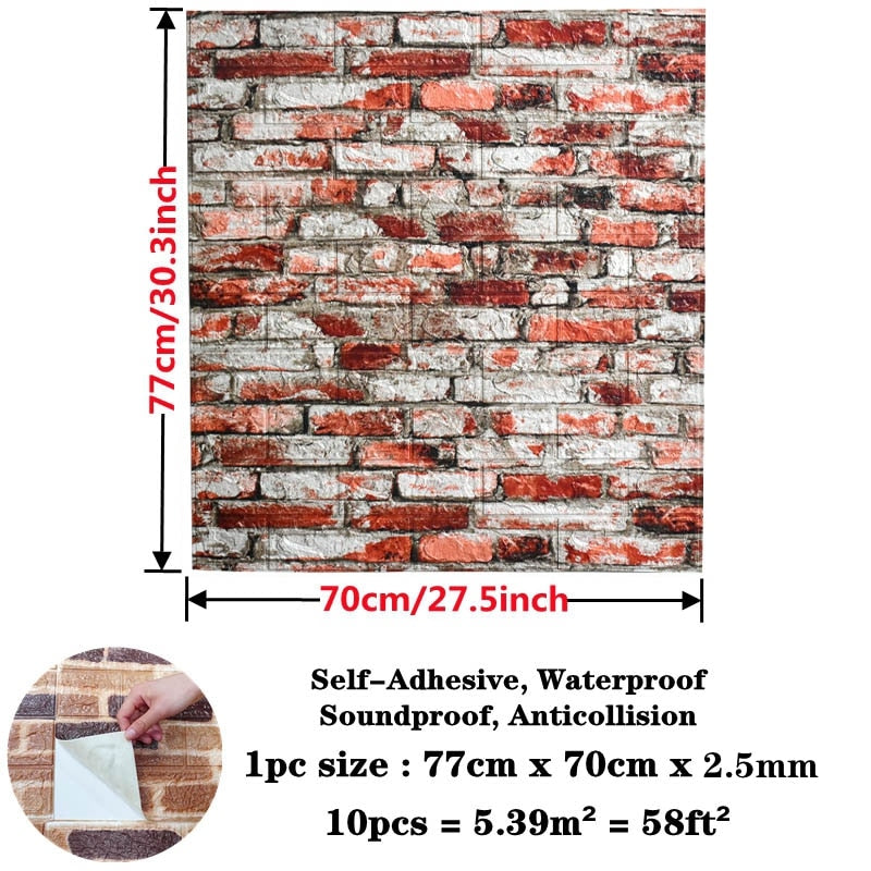 Set of 10 Waterproof 3D Brick Wall Decals for Easy Home Makeover