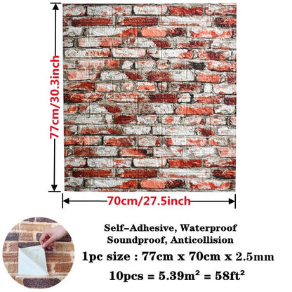 Set of 10 Waterproof 3D Brick Wall Decals for Easy Home Makeover