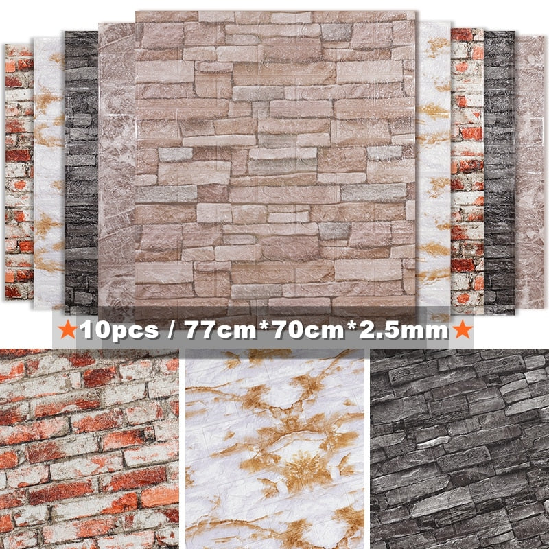 Set of 10 Waterproof 3D Brick Wall Decals for Easy Home Makeover