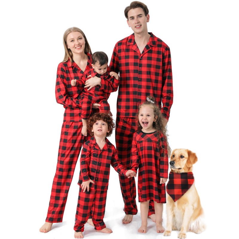 Red Checkered Family Matching Christmas Pajamas with Stand-Up Collar