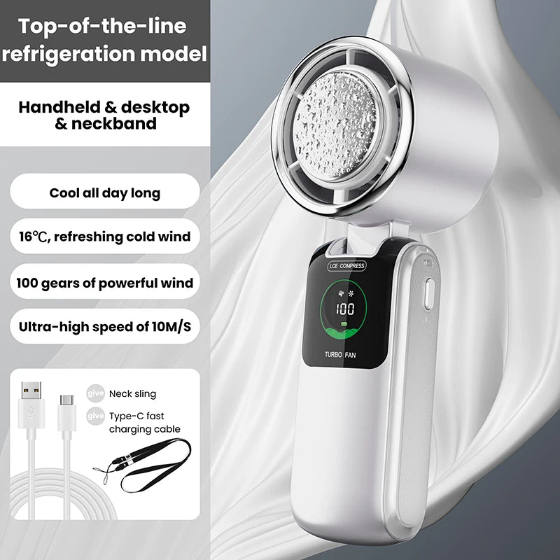Portable Mini Hand Fan with Cooling Battery | 100 Speed Settings | 10W Turbo Power | Foldable Design