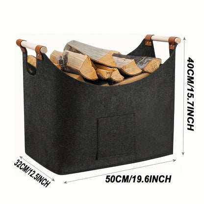 Foldable Felt Wooden Box 55 Liters with Wooden Handles and Leather Accents, Dark Gray