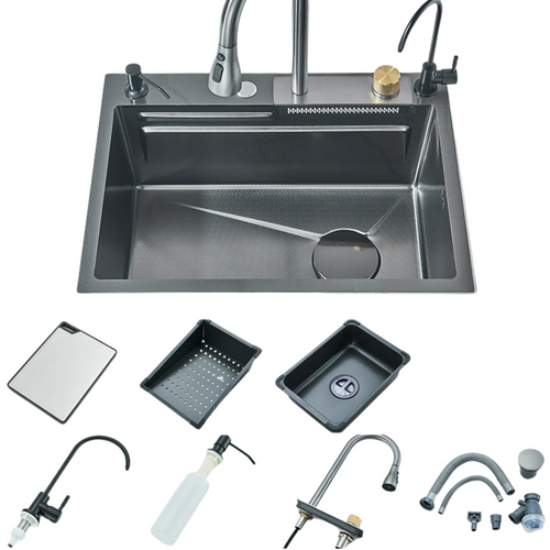 Single Bowl Stainless Steel Kitchen Sink with Built-in Faucet and Soap Dispenser