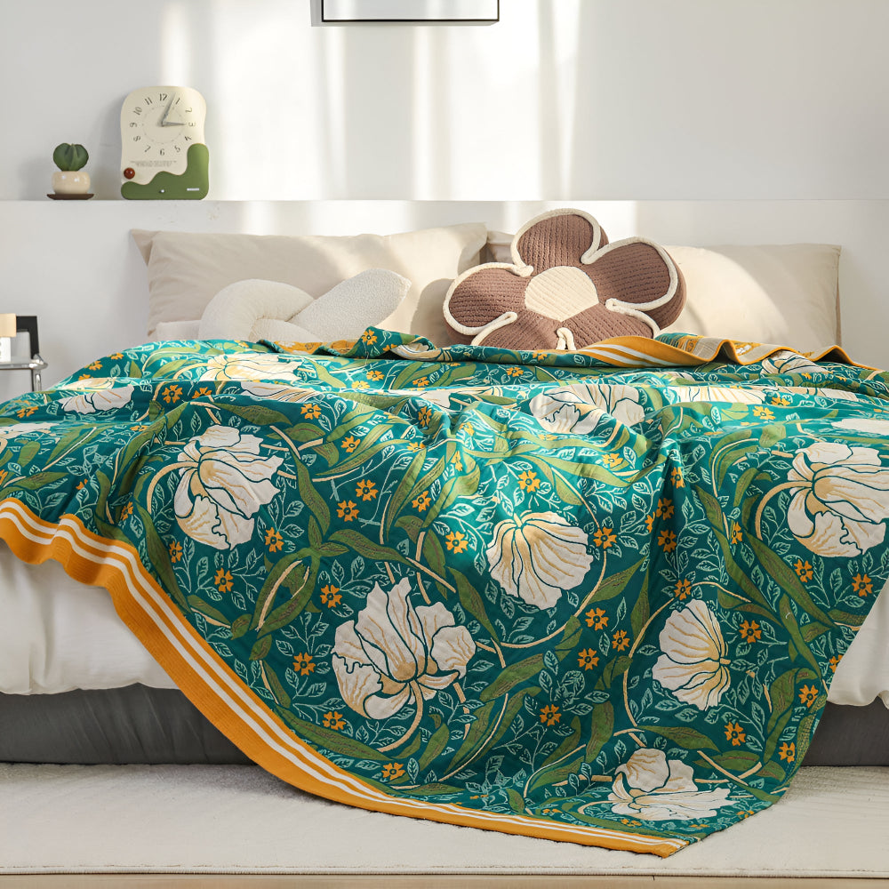 Serenity Green Floral Cotton Throw Blanket