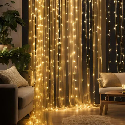 Warm White LED Fairy Curtain Lights with 8 Dynamic Modes for Relaxation