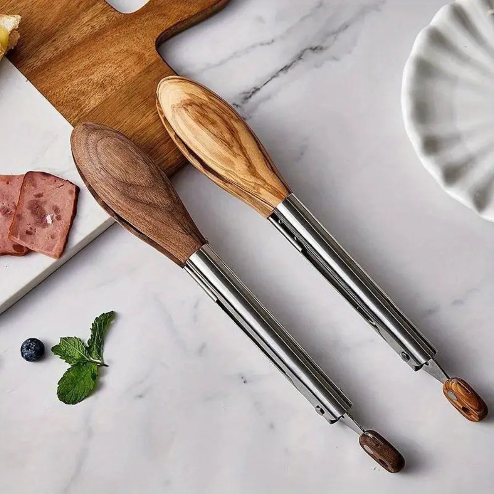BBQ Tongs with Locking Mechanism and Wooden Handle – Stainless Steel