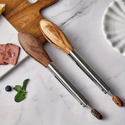 BBQ Tongs with Locking Mechanism and Wooden Handle – Stainless Steel