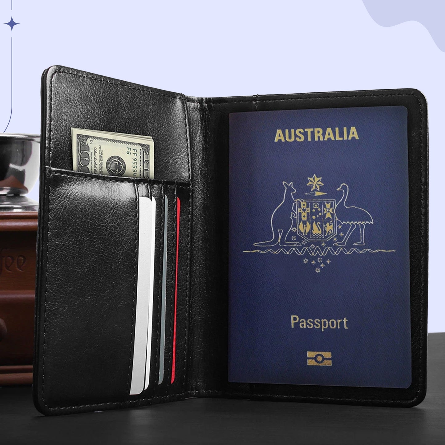 Travel Passport Holder in PU Leather with RFID Protection, Card Slots, Pen Holder, and Elastic Closure