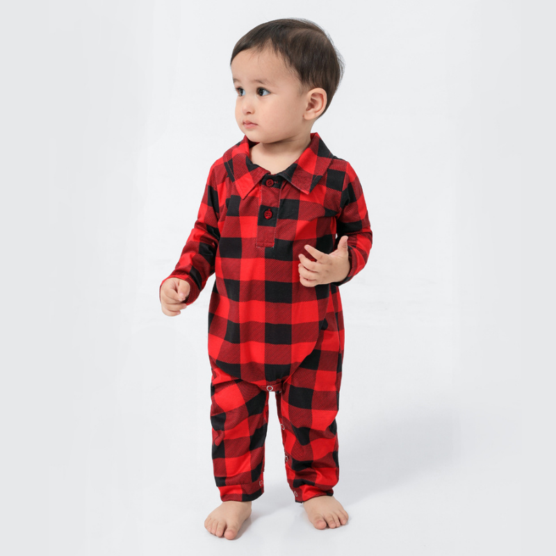 Red Checkered Family Matching Christmas Pajamas with Stand-Up Collar