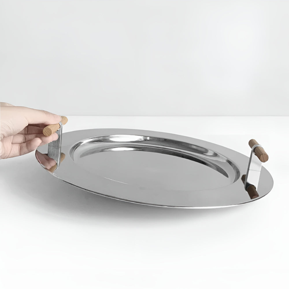 Stylish Round Serving Tray with Wooden Grip Handles