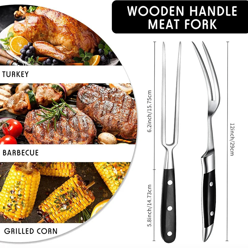 12-Inch Durable Meat Fork with Elegant Wooden Grip for Grilling
