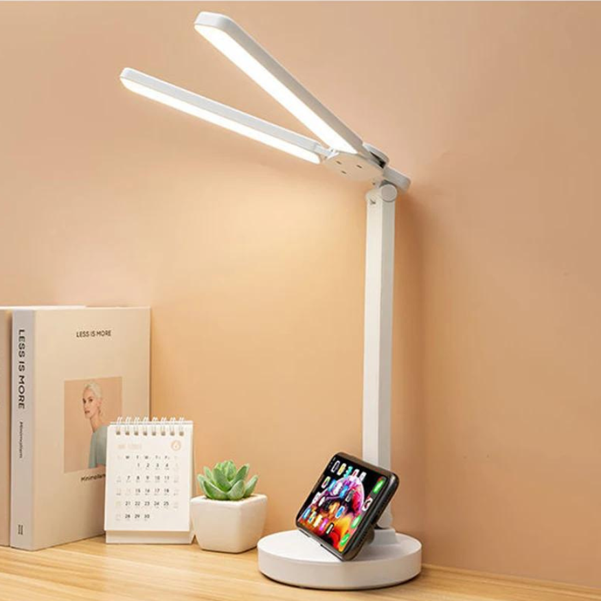 Rechargeable Dimmable Reading Lamp with Adjustable Arm and Phone Stand